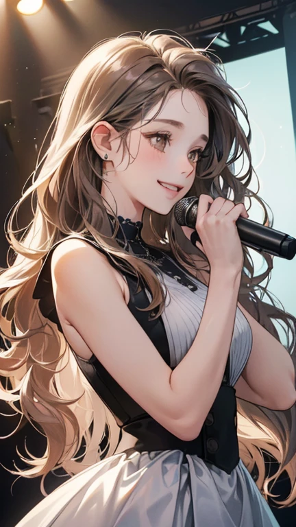 (table top, digital illustration, 4k, 8k, Super detailed, beautiful images, clear image, perfect face, perfect lines, perfect eyes, soft lighting) 1 female, (Singing a song, on stage, gray long wavy hair, innocent look, look at viewer, side view,Over-the-shoulder ,droopy eyes, brown eyes, innocence, cute, smile gently,27 years old:1.3), full of light,(embarrassing, shy smile:1.2), sleeveless black knit, Piercing, bad finger