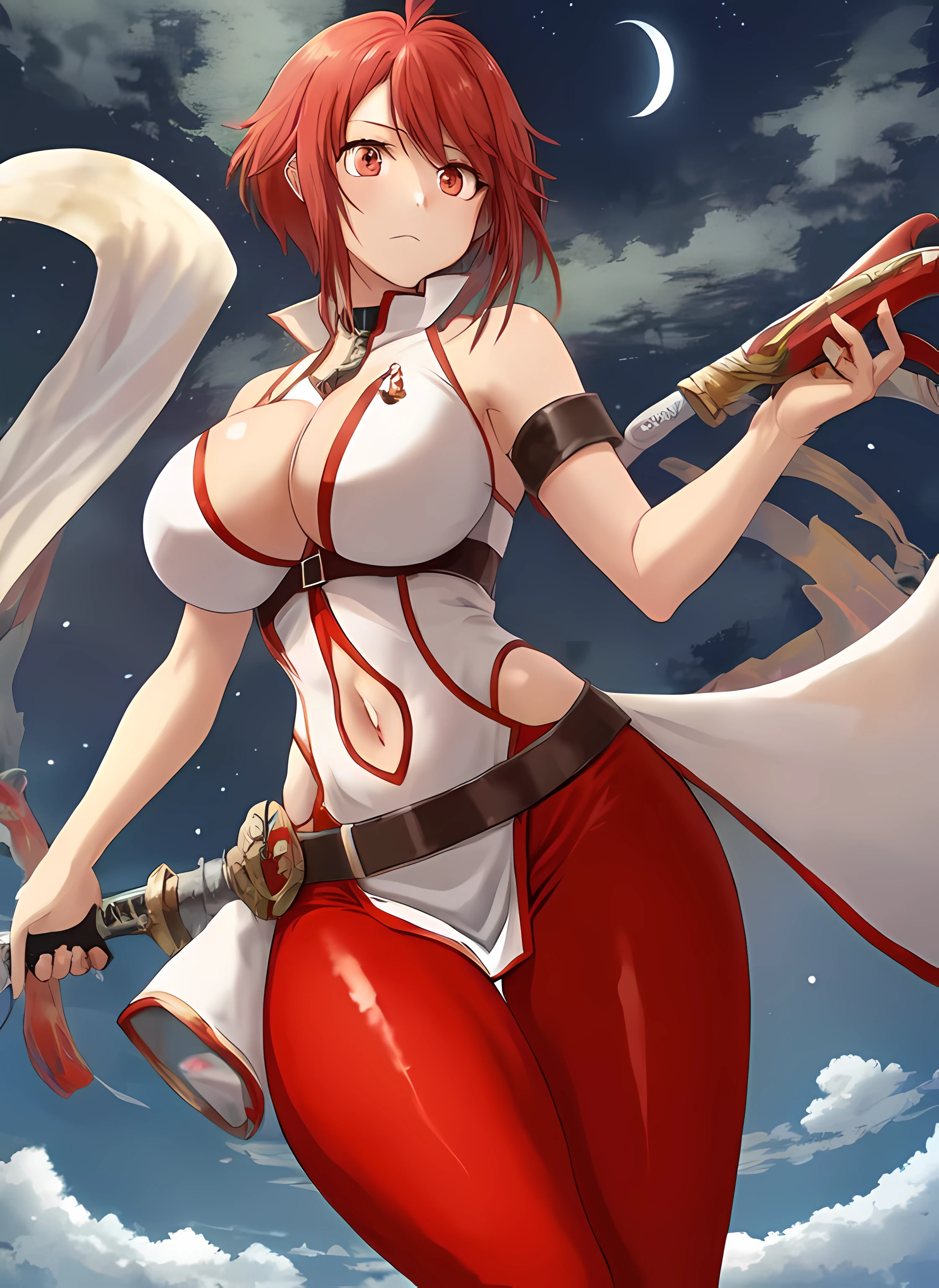 best quality, masterpiece, high quality, vesta_harem, 1girl, large breasts, cleavage, navel_cutout, side_slit, [[[[[red eyes]]]]], BREAK (red_leggings), oversized_belt, white_dress, [[[white_loincloth]]], bare_hips, BREAK holding_sword, scabbard, navel, night_sky, moonlight, cloudy_sky