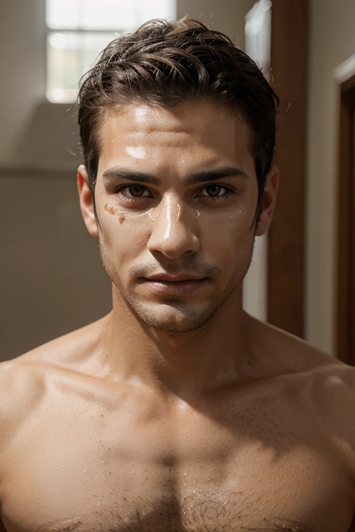 Man with a white disguise half mask, light brown skin, sensual lips, sensual expression, (shaved), natural lights, detailed face and eyes, a few moles on the face, 8k, hd, sharp focus, professional, best quality, realistic male portrait, man in his thirties, shirtless man, Mask Masquerade, disguise half mask,