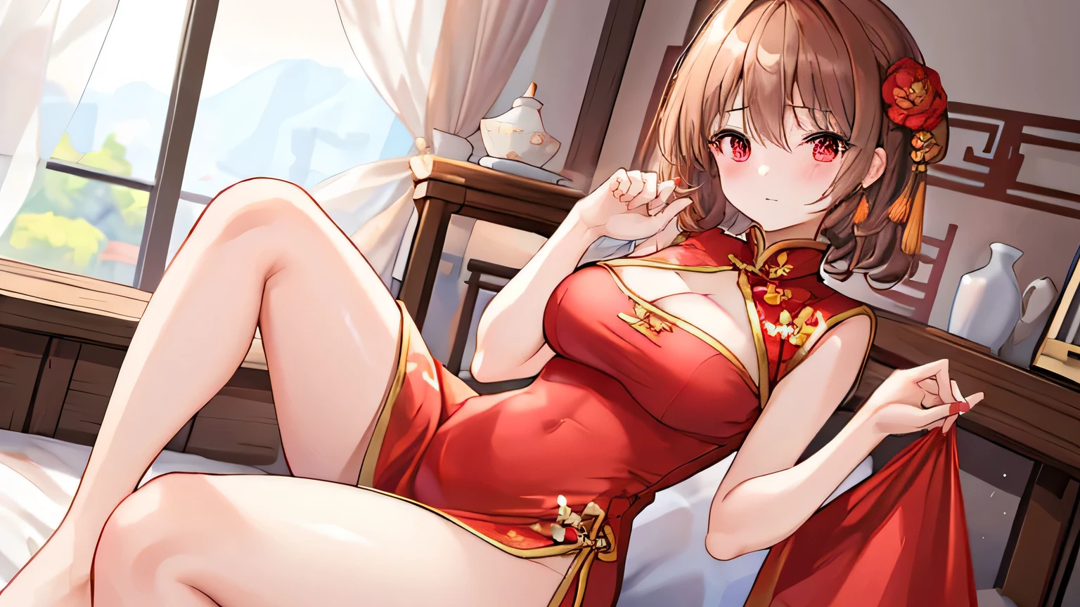 ((4K, Masterpiece, best quality)), 1 girl in, Light brown SHRT hair, Red eyes, Hair parted in the middle, medium breasts, Lovely, blush, Chinese dress,cheongsam,Charming cleavage,168CM,sitting on bed,Showing thighs,Erlang legs