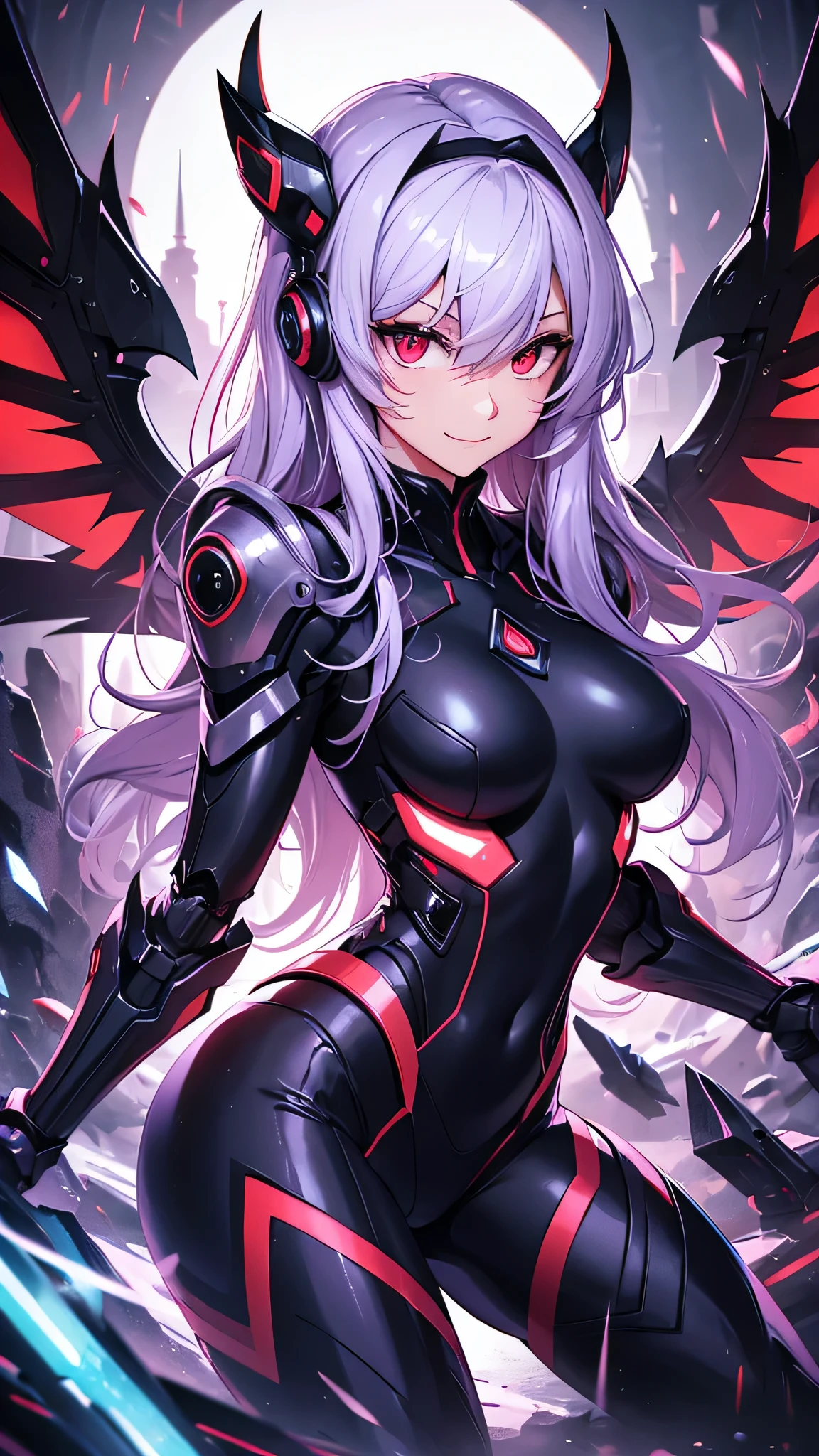 最high quality、best image quality、masterpiece、android girl((18-year-old、 By becoming、vest bust、medium bust,wide open breast tea、red glowing eyes, water hair、messy hair、long hair、thin,highest valley、Blue robot body、Shiny red body、Close ~ eyes、attack、Show the whole body、robot arm、robot feet、villain、evil smile、bad smile、laugh loudly、villain pose、Black robot wings,)),high quality、beautiful art、background((dark bio facility、dark room、Infrared Sensor、red lighting))、Flight、debris flies、Depth of written boundary、movie、visual art、perfect art、8K,genuine、