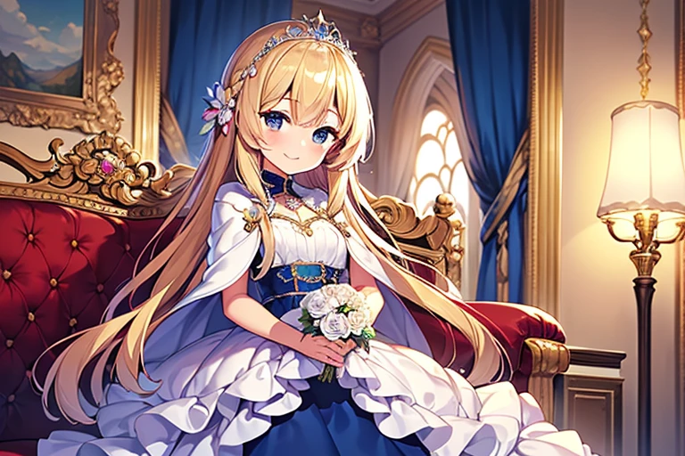 (kawaii),(masterpiece),(best quality),(ultra detailed), upper body, rococo style,(long train deep blue cape:1.1), very long cape,(long train white ball gown with flower decorations:1.05), a girl is wearing a cape over her gown, 1 little princess, tiara, smile, very long hair