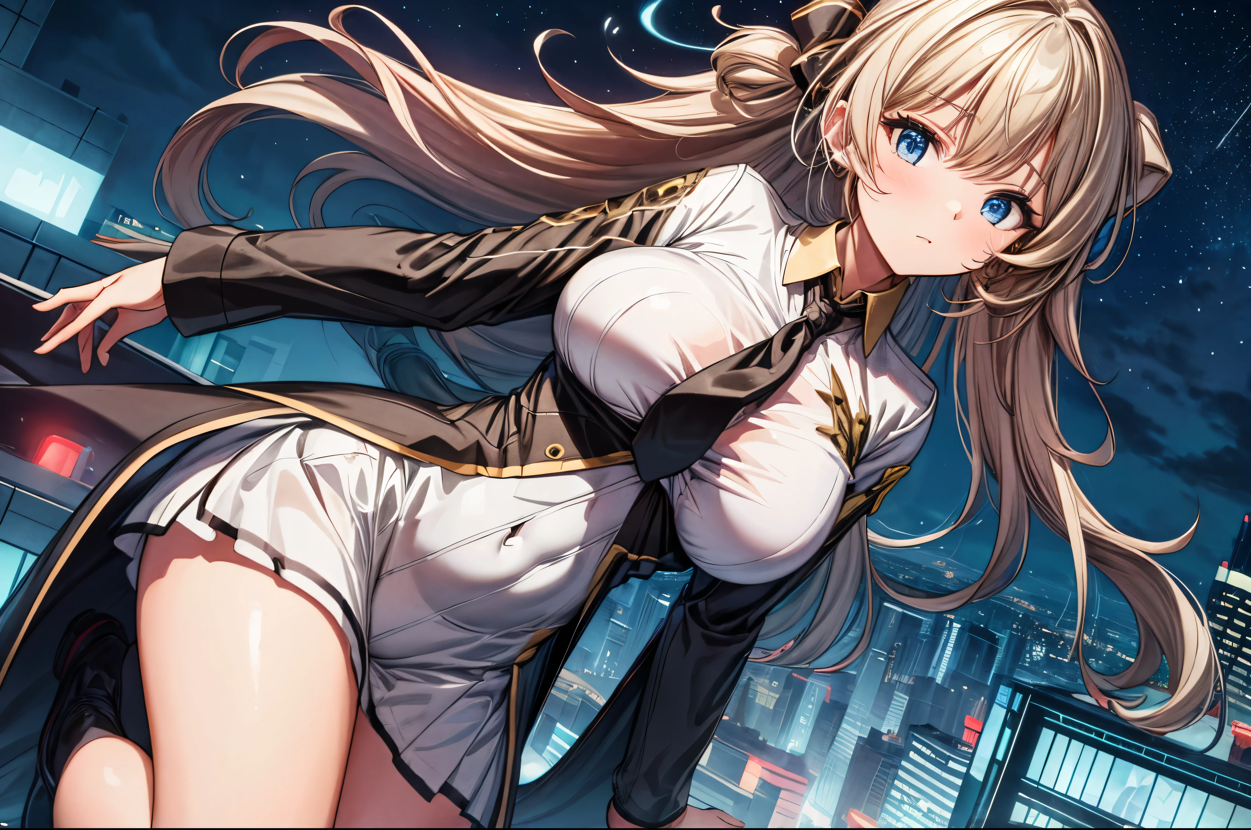 (masterpiece, best quality:1.2), intricate details, 1girl, solo, sky striker ace raye,cityscape ,blue eyes,long Blond hair, black headdress.Dark brown tie,on the knee, on the rooft of a building,raining,stars,night,narrow bust,frontal view,(mature female:1.2),huge breasts:1.6,thin body,close up