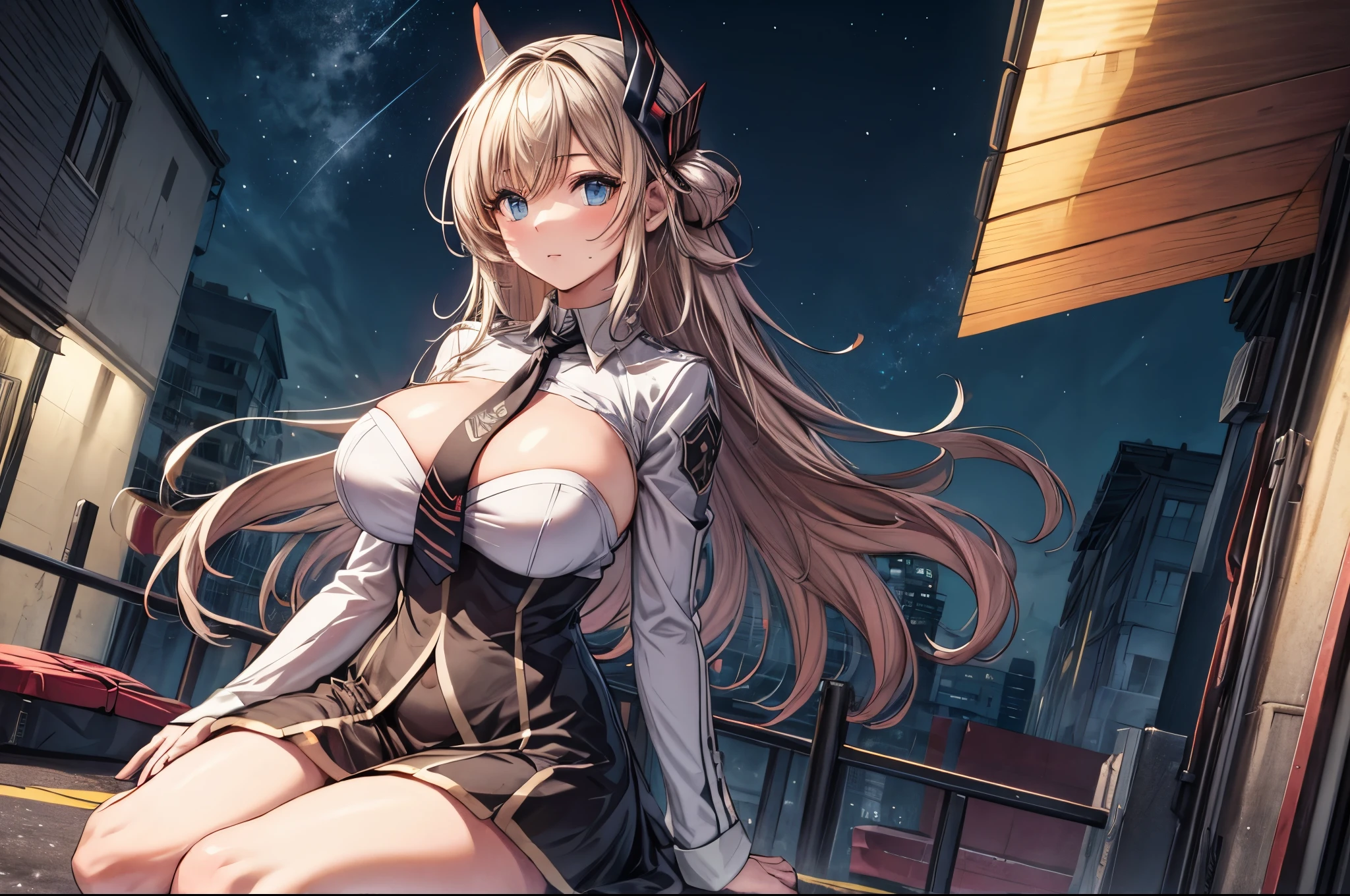 (masterpiece, best quality:1.2), intricate details, 1girl, solo, sky striker ace raye,cityscape ,blue eyes,long Blond hair, black headdress.Dark brown tie,on the knee, on the rooft of a building,raining,stars,night,narrow bust,frontal view,(mature female:1.2),huge breasts:1.6,thin body,close up