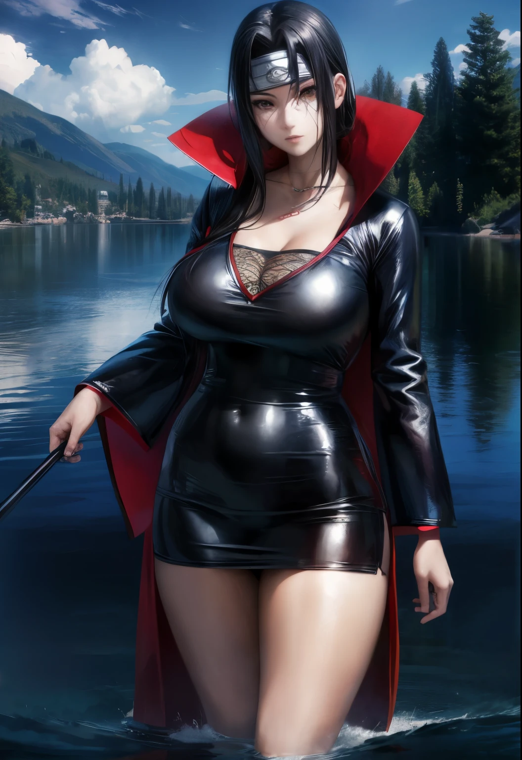 Uciha Itachi, (in a lake), masterpiece, best quality, ultra quality, absurd details, best light, best shadow, sharp, sharp picture, detailed face, detailed eyes, detailed hair, detailed, extremely detailed, great resolution, 8k, 4k, uhd, ray tracing, beautiful effects, image of (full body), busty, naked, 