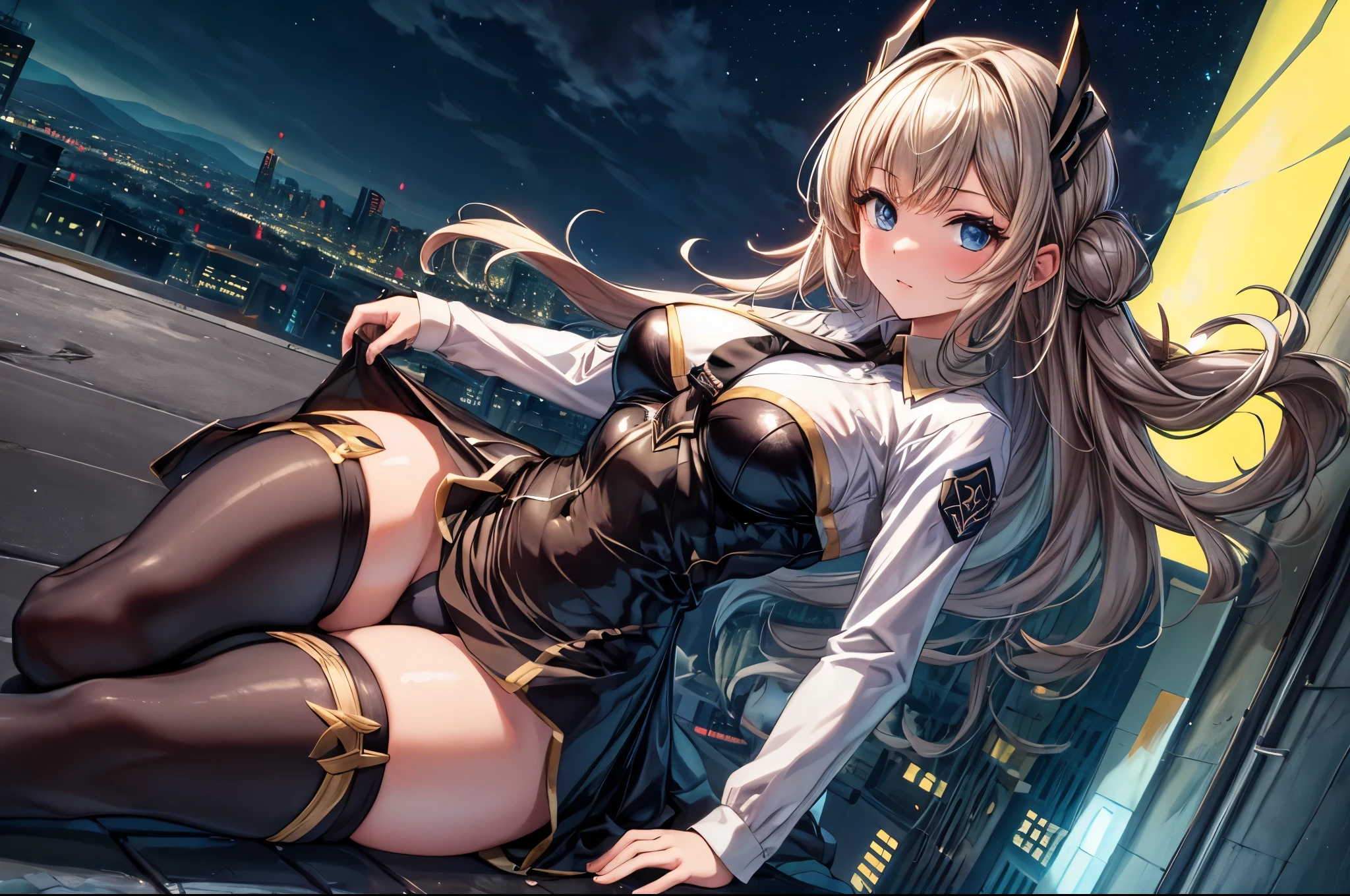 (masterpiece, best quality:1.2), intricate details, 1girl, solo, sky striker ace raye,cityscape ,blue eyes,long Blond hair, black headdress.Dark brown tie,on the knee, on the rooft of a building,raining,stars,night,narrow bust,frontal view,(mature female:1.2),huge breasts:1.6,thin body,close up