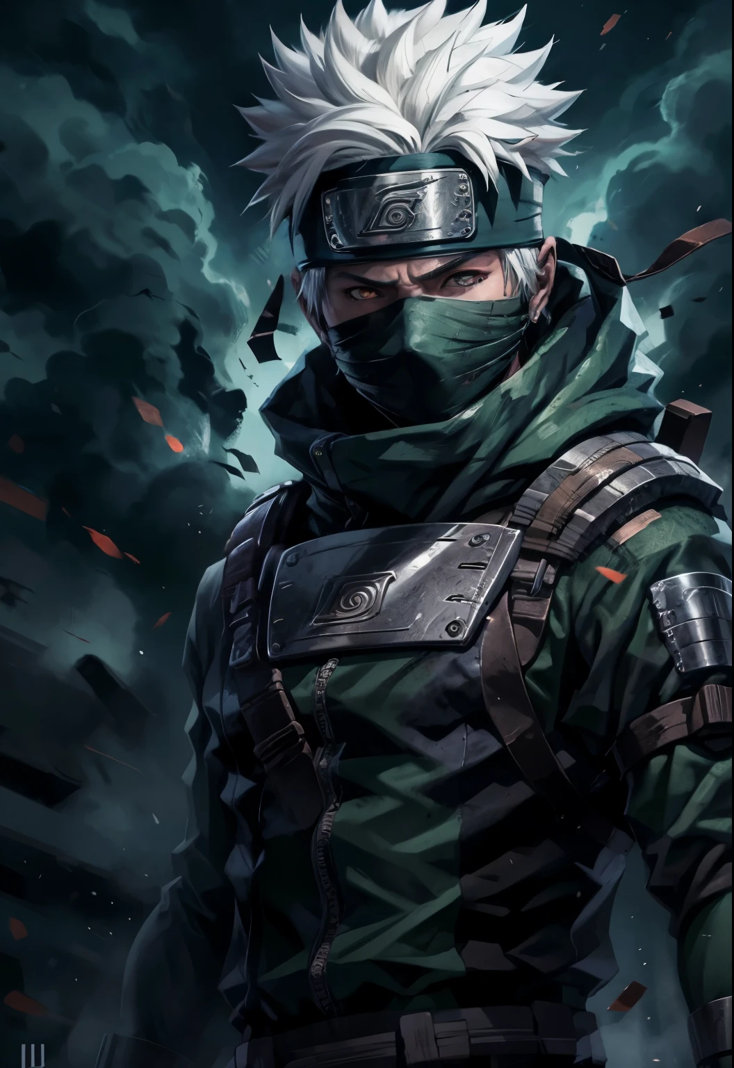 Kakashi Hatake, (in a lake), masterpiece, best quality, ultra quality, absurd details, best light, best shadow, sharp, sharp picture, detailed face, detailed eyes, detailed hair, detailed, extremely detailed, great resolution, 8k, 4k, uhd, ray tracing, beautiful effects, image of (full body)