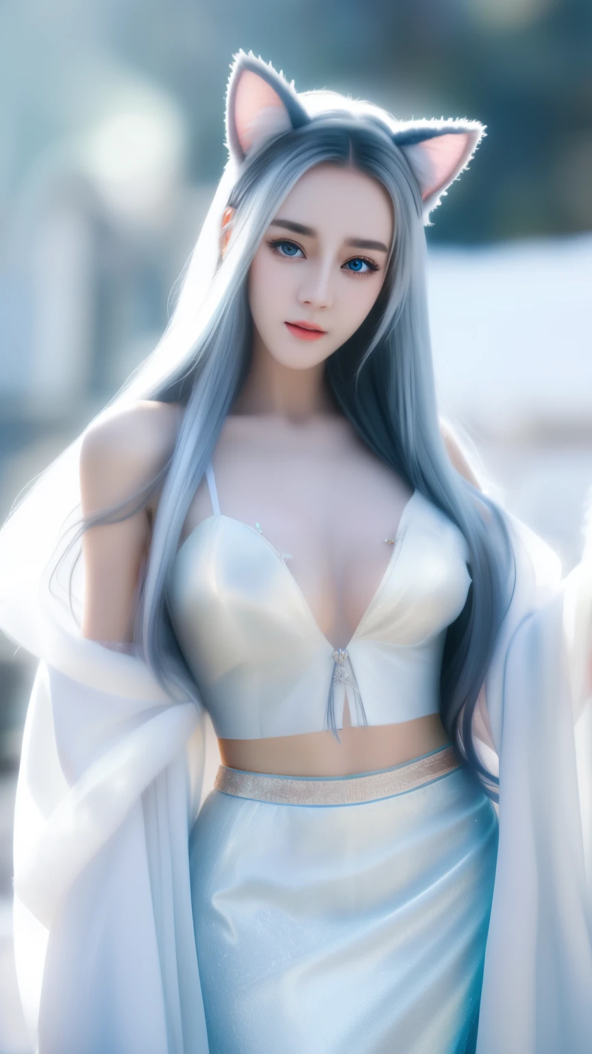 One wearing a white dress、Close-up of woman with cat ears, ethereal beauty, Stunning young and ethereal figure, huge breasts,bigger breasts,H cup,Expose more breasts,flowing white robe, flowing skirt, 1 more transparent skirt,Openwork skirt,There are no shoulder straps,flowing magic robe, beautiful girl, very beautiful top model, Beautiful digital artwork, tall thin beautiful goddess, beautiful goddess, Beautiful fantasy girl, beautiful fantasy art, Smooth digital concept art, Smooth anime CG art,blizzard,snow mountain,lake,white hair,His face was slightly red,There is a red dot decoration between the eyebrows