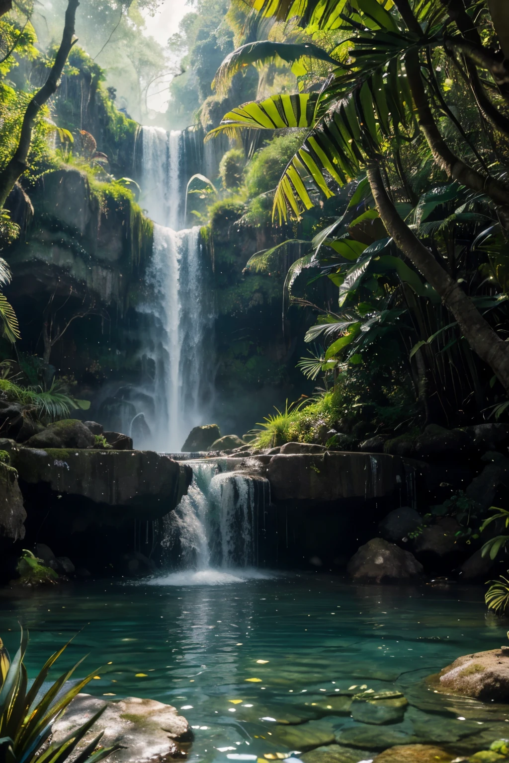 (best quality,4k,8k,highres,masterpiece:1.2),ultra-detailed,(realistic,photorealistic,photo-realistic:1.37),aquarium background jungle theamed with waterfall,tropical lush green foliage,exotic colorful fish swimming,serene tranquil atmosphere,misty cascading waterfall,captivating underwater world,vibrant coral reefs,gentle rays of sunlight penetrating the water surface,subtle reflections in the calm water surface,touch of magical mystery,a peaceful coexistence of land and water,harmonious symphony of nature's beauty,serene and inviting ambiance,lively aquatic ecosystem,diverse plant and fish species,tropical paradise beneath the water surface,colorful aquatic plants and rocks,lush moss-covered tree branches,mysterious shadows dancing in the water,ethereal and dreamlike vibes,refreshing coolness of the environment,majestic presence of the waterfall,whispering sounds of the flowing water,blending of vibrant colors and natural textures,tranquil escape from the outside world,enchanting and captivating scene.