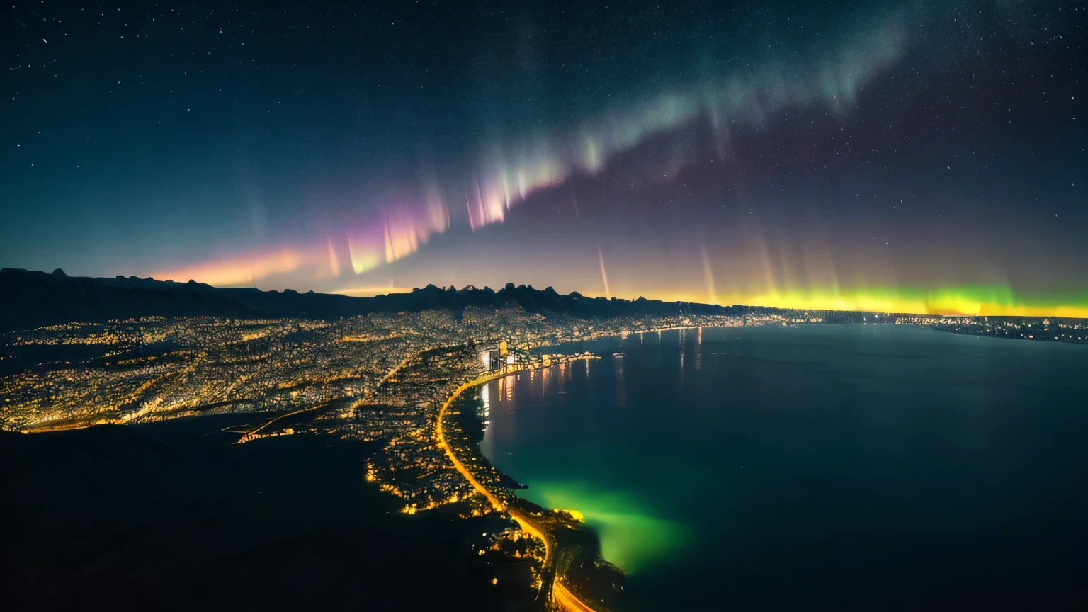 On a starry night, a lake spreads out in the front three-sevenths of the picture angle, a low mountain stretches horizontally behind it, orange streetlights line the opposite shore, a bright aurora spreads across the sky in the back three-sevenths of the picture angle, the lake reflects the light from the streetlights and aurora, and the mountain is in dark shadow. The mountains are dark and in shadow. Aurora shining in the sky, high quality animation, gradient color aurora, twinkling starry sky, fantastic landscape, healing effect, masterpiece, three-sevenths of the lake in the foreground, lights of street lamps and aurora reflected on the lake, fantastic world, aurora spread wide horizontally, no land in the foreground, water surface extends.