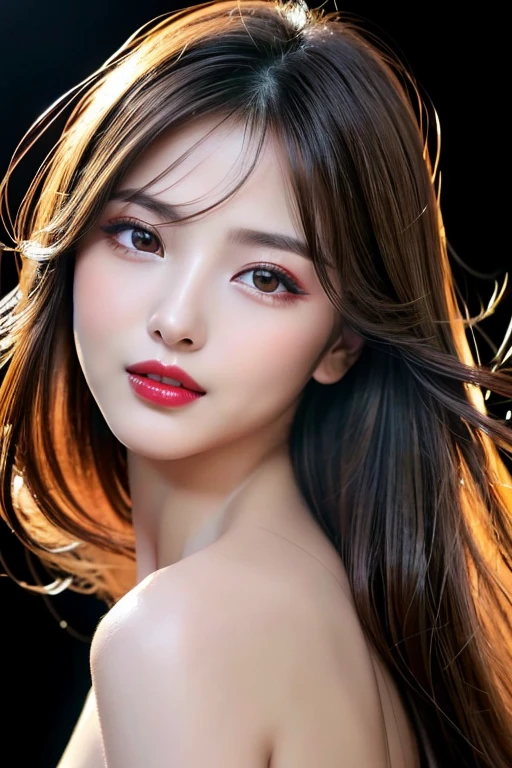 (highest quality、8K、best image quality、Award-winning work)、(one young girl, :1.3)、(red eyeshadow:1.2)、perfect makeup、long eyelashes、Super high-definition sparkling eyes、ultra high definition hair、ultra high resolution glossy lips、Super high resolution perfect teeth、Super high resolution cute face、brown hair、(very long straight hair:1.1)、look at me and smile、[clavicle]、accurate anatomy、(black background:1.5)、(((professional lighting:1.5)))、Super high-resolution glossy and moisturized face、Super high resolution glowing skin、most detailed face、Ultra high resolution detailed faces、ultra high resolution hair、Super high resolution sparkling eyes、Beautiful face drawn in every detail、Super high resolution glossy red lips、(((Naked 1.5)))、(((Elegant dress 1.5)))、(((Full body photo 1.2)))、Hair fluttering in the wind 1.5、black background、