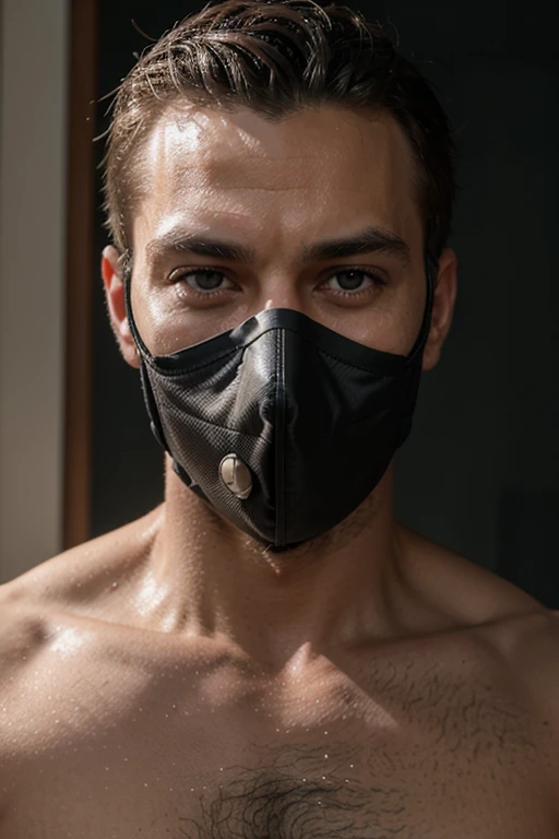 man using a bondage mask, sensual lips, sensual expression,natural lights, detailed eyes, 8k, hd, sharp focus, professional, best quality, realistic male, fit man, shirtless man, mask, disguise half mask,