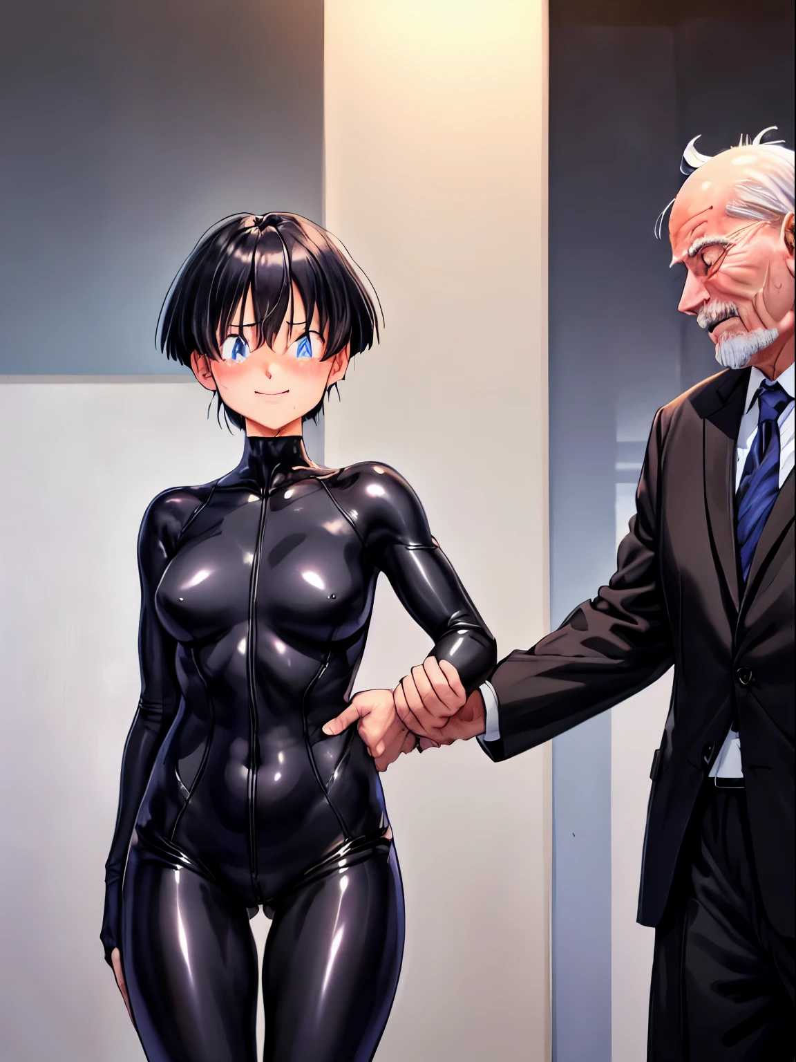 girl being touched on the back,((Old man touches girl:1.4)),Came back,老人にgirl being touched on the back,The girl has black hair,blue eyes,((Girl in black tight suit:1.4)),((old man touches a girl&#39;Came back with his hand:1.4)),blush,smile,smile,tickle,open your big mouth,Sweat,saliva,Feels good,Spike Hair,