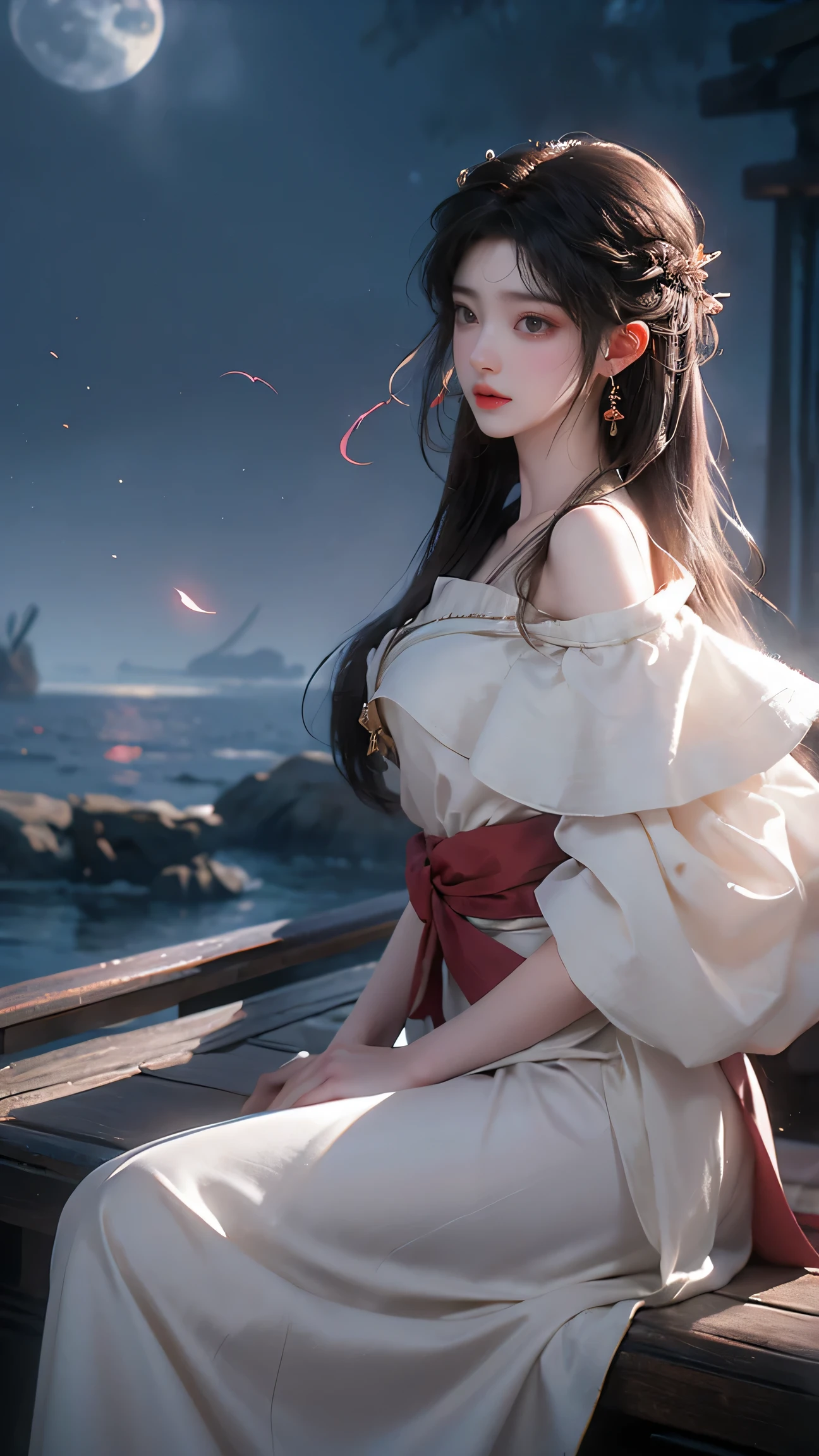 gufeng,bare shoulders,(masterpiece, best quality:1.2), 1girl, solo, ((off shoulder clothes)), In the depths of Wonderland,The moonlight falls like water,foggy room,The figure of the heroine is vaguely visible,Just like the fairy in the painting,Slender sexy legs,Very nice legs,Leaking sexy legs,Big breasts,Beautiful with a hint of mystery。Her face is beautiful and delicate,Like finely carved jade,Showing otherworldly beauty。The eyebrows are picturesque,The waves in my eyes are like twinkling stars,Show the light of perseverance and wisdom。The bridge of the nose is straight,Lip color like cherry,The slightly raised corners of the mouth reveal confidence and calmness。Her face is well defined,The skin is as fair as jade,Reveals a healthy glow,Just like a fairy, she never eats fireworks in the world。Her makeup is light and delicate,Not too much embellishment,But enough to show her temperament and charm。Light-colored foundation brings out the transparency of the skin,A light eyebrow pencil outlines her perfect eyebrow shape,Eye makeup is eye shadow and eyeliner,Make her eyes brighter and more energetic。Lips painted with grace lipstick,Adds a bit of charm and sophistication。Her clothes are graceful and chic,Clothes flutter,It seems like it will be blown up by the wind at any time,drifting into the distance。Without losing grace,Also showed her extraordinary skills。Rocking with her movements。Her hair is tied back casually,Secure it with a hosta,A few strands of hair are fluttering gently in the wind,Adds a bit of softness。Her figure is looming in the fairyland,Like a Big breastsbeautiful landscape,attracted everyone's attention。She seems to be a fairy in wonderland,Big breastsbeautiful、grace、mystery、and full of power。