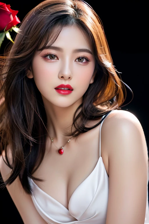 (highest quality、table top、8K、best image quality、Award-winning work)、(one young girl, 14 years old:1.3)、(red eyeshadow:1.2)、perfect makeup、long eyelashes、Super high-definition sparkling eyes、ultra high definition hair、ultra high resolution glossy lips、Super high resolution perfect teeth、Super high resolution cute face、brown hair、(very long straight hair:1.1)、look at me and smile、[clavicle]、accurate anatomy、(close up of face:1.5)、(((professional lighting:1.2)))、Super high-resolution glossy and moisturized face、Super high resolution glowing skin、most detailed face、Ultra high resolution detailed faces、ultra high resolution hair、Super high resolution sparkling eyes、Beautiful face drawn in every detail、Super high resolution glossy red lips、(((Elegant dress 1.5)))、(((necklace1.5)))、(Emphasize the chest1.5)、