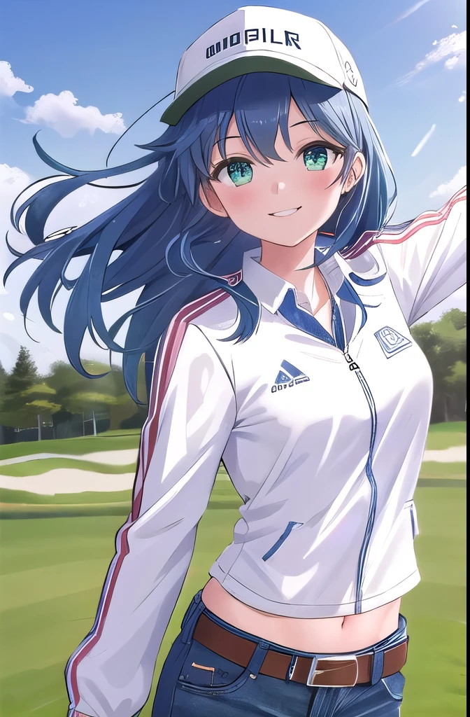 best quality, detailed, solo, looking at viewer, cap, 1girl, jeans, long hair, blue hair, smile, blush, green eyes, wind, wind blowing, belt, outdoors, golf, golf club, navel, track jacket, collared shirt