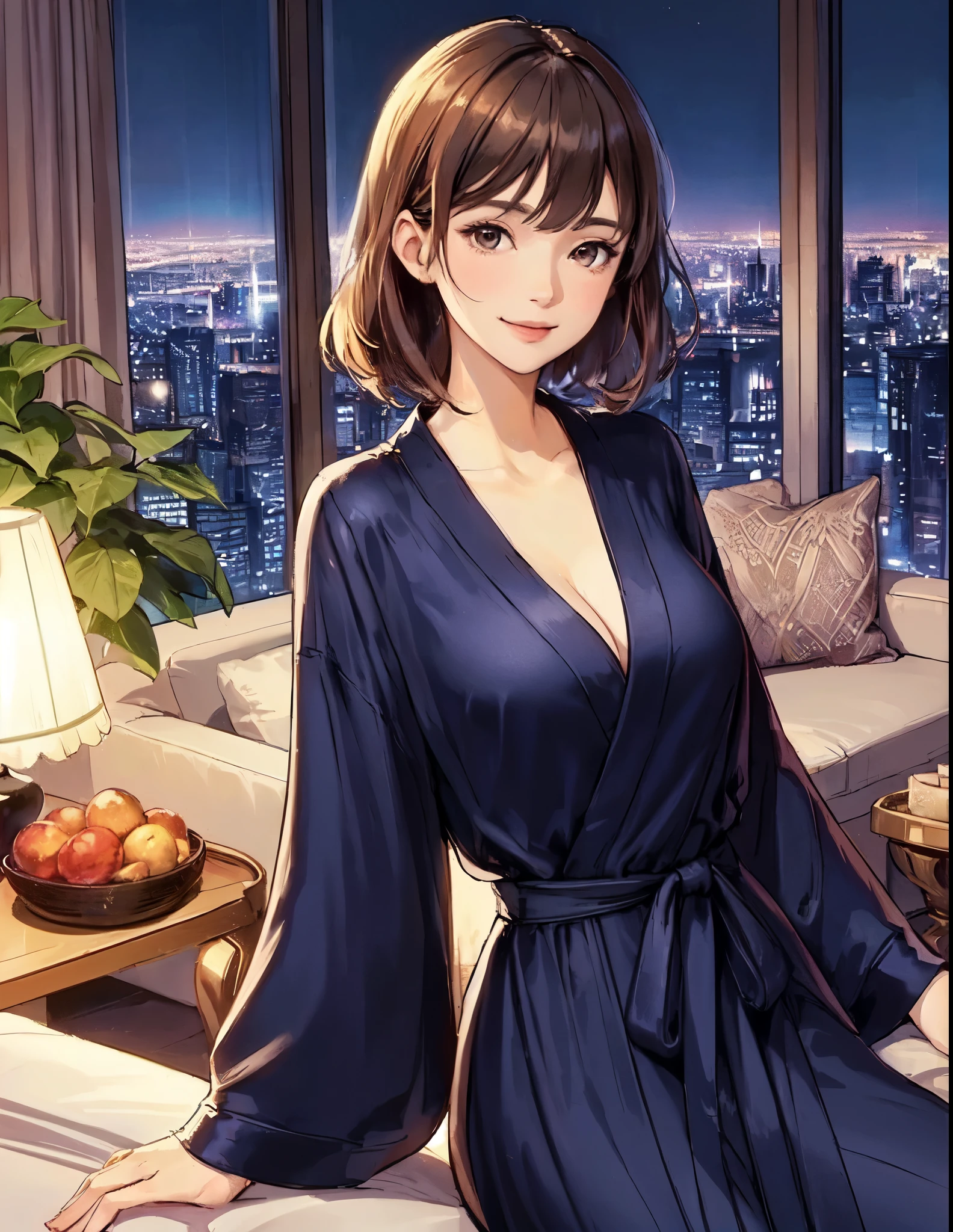 Anime girl in a blue robe sitting on a bed in a room - SeaArt AI