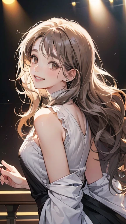 (table top, digital illustration, 4k, 8k, Super detailed, beautiful images, clear image, perfect face, perfect lines, perfect eyes, soft lighting) 1 female, (Singing a song, on stage, gray long wavy hair, innocent look, look at viewer, side view,Over-the-shoulder ,droopy eyes, brown eyes, innocence, cute, smile gently,27 years old:1.3), full of light,(embarrassing, shy smile:1.2), sleeveless black knit, Piercing, bad finger