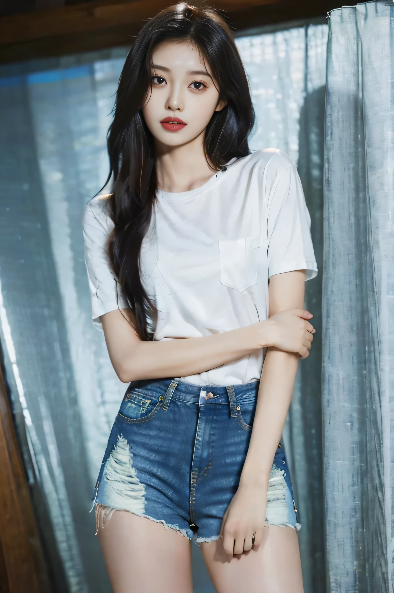 actual, High resolution, 1 girl, long hair, Korean,, loose white shirt, skinny denim shorts,, thigh, visible,