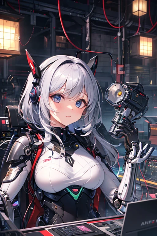 highest quality, masterpiece, intricate details, Super detailed, Highly detailed 8K wallpaper, mechanical girl, (Machine Eye), In production, Semi-completed machine body, mechanical limbs, gray hair, mechanical joint, Fully mechanized from the neck down, Cable connected to the head, Cables connected to the main unit, electronic circuit, factory,