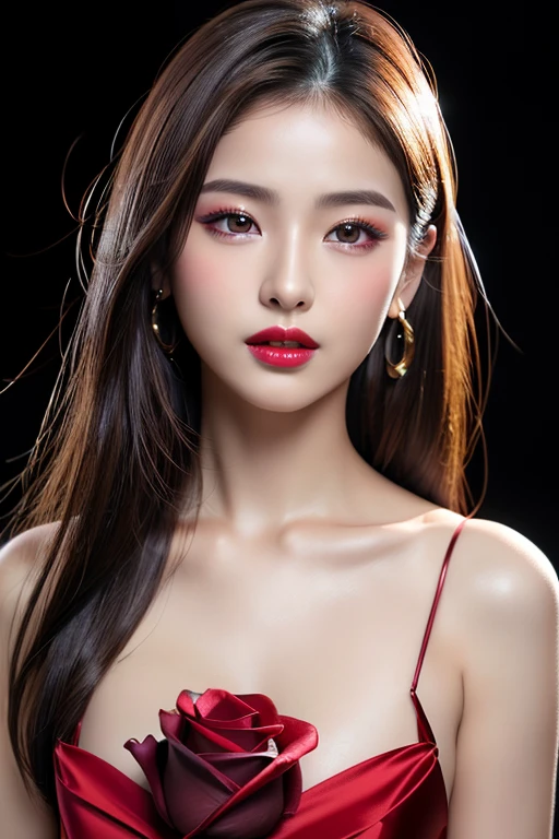 (highest quality、8K、best image quality、Award-winning work)、(one young girl, :1.3)、(red eyeshadow:1.2)、perfect makeup、long eyelashes、Super high-definition sparkling eyes、ultra high definition hair、ultra high resolution glossy lips、Super high resolution perfect teeth、Super high resolution cute face、brown hair、(very long straight hair:1.1)、look at me and smile、[clavicle]、accurate anatomy、(black background:1.5)、(((professional lighting:1.5)))、Super high-resolution glossy and moisturized face、Super high resolution glowing skin、most detailed face、Ultra high resolution detailed faces、ultra high resolution hair、Super high resolution sparkling eyes、Beautiful face drawn in every detail、Super high resolution glossy red lips、(((1. I have a red rose.5)))、(((full nude 1.5)))、(((Chest photo 1.4)))、hair blowing in the wind、elegant dress、Stylish necklace 1,1