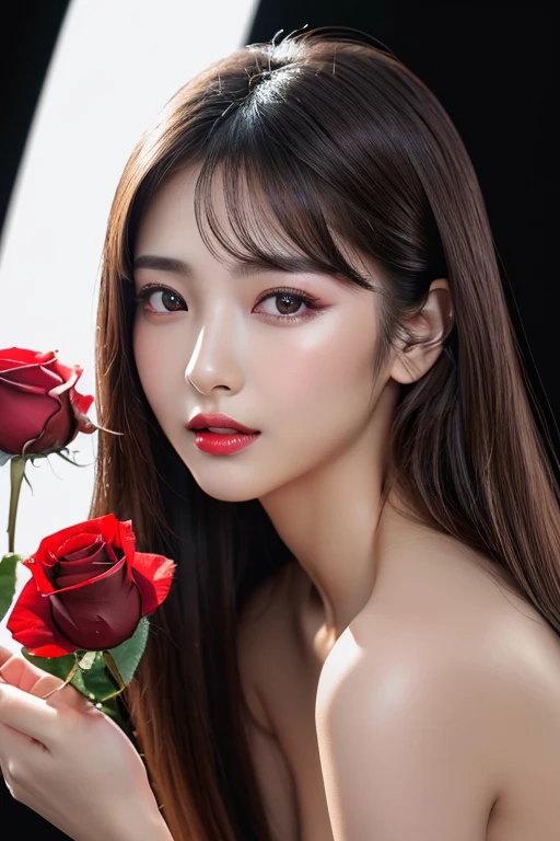 (highest quality、8K、best image quality、Award-winning work)、(one young girl, 14 years old:1.3)、(red eyeshadow:1.2)、perfect makeup、long eyelashes、Super high-definition sparkling eyes、ultra high definition hair、ultra high resolution glossy lips、Super high resolution perfect teeth、Super high resolution cute face、brown hair、(very long straight hair:1.1)、look at me and smile、[clavicle]、accurate anatomy、(black background:1.5)、(((professional lighting:1.5)))、Super high-resolution glossy and moisturized face、Super high resolution glowing skin、most detailed face、Ultra high resolution detailed faces、ultra high resolution hair、Super high resolution sparkling eyes、Beautiful face drawn in every detail、Super high resolution glossy red lips、(((1. I have a red rose.5)))、(((full nude 1.5)))、(((Chest photo 1.4)))、hair blowing in the wind、elegant dress、Stylish necklace 1,1
