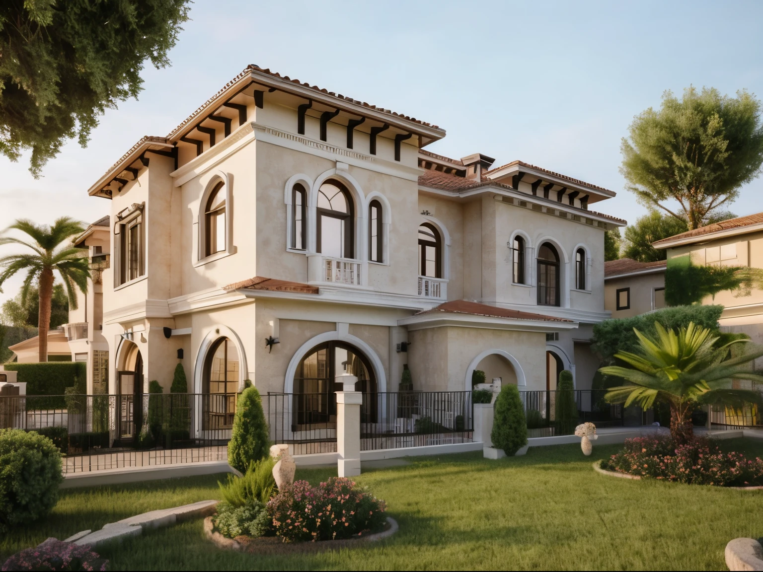 (Mediterranean Revival  house ,close houses and trees), (Mediterranean Revival  style architecture) daylight ( best quality) ((high solution)) ,(( photo realistic)) ,warm light,  soft lighting, warm atmosphere,high Resolution, hyper detailed,4k ,vray render, octane render, hyper realistic, photography expert ,exterior design , professional photography, exterior photography,wide-angle shot , ultra detail , high Resolution , full frame, full body