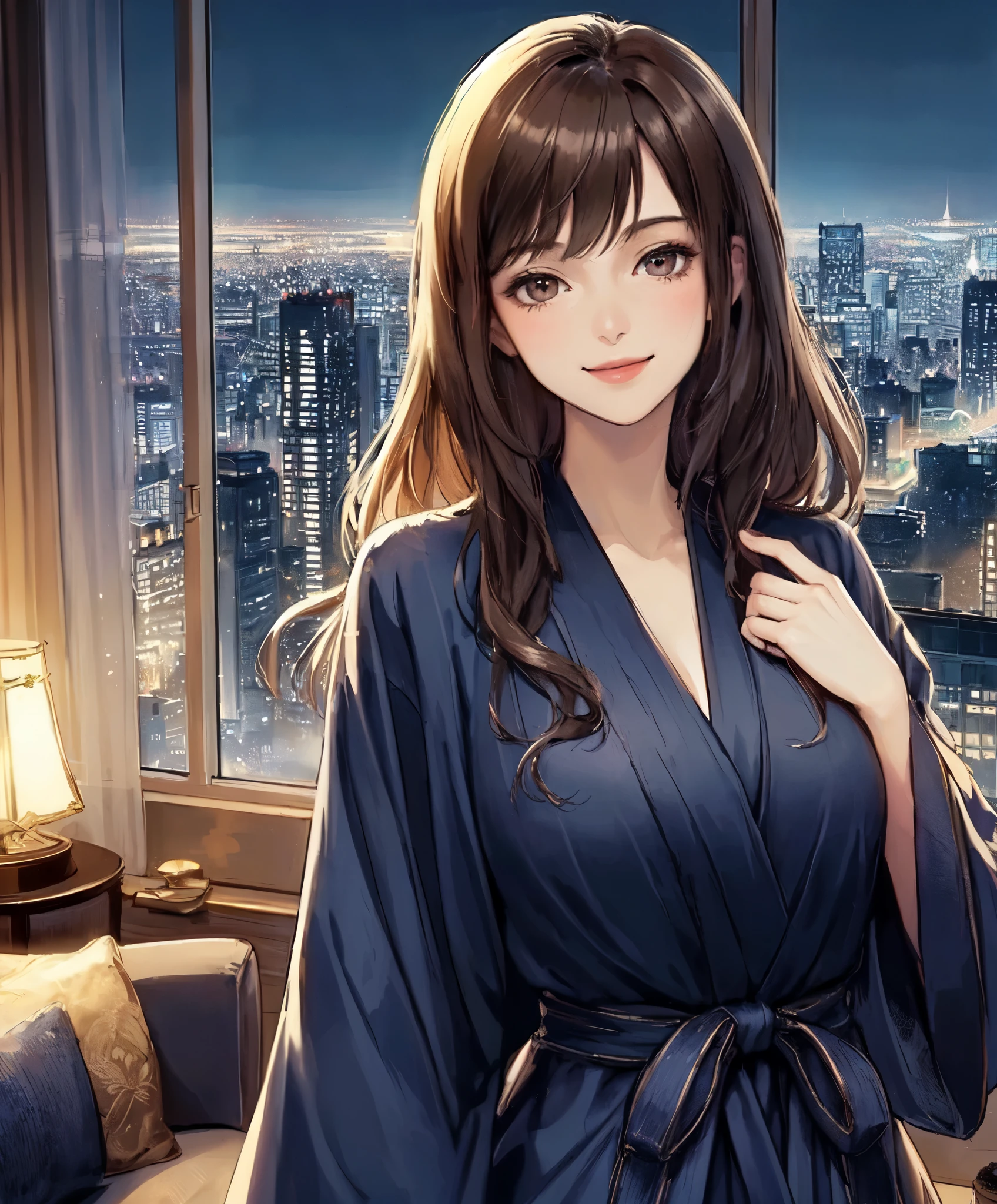 1lady solo, standing, (navy robe) stylish, mature female, /(dark brown hair/) bangs, kind smile, (masterpiece best quality:1.2) delicate illustration ultra-detailed, large breasts BREAK (stylish luxury room) indoors, window, night cityscape, detailed background