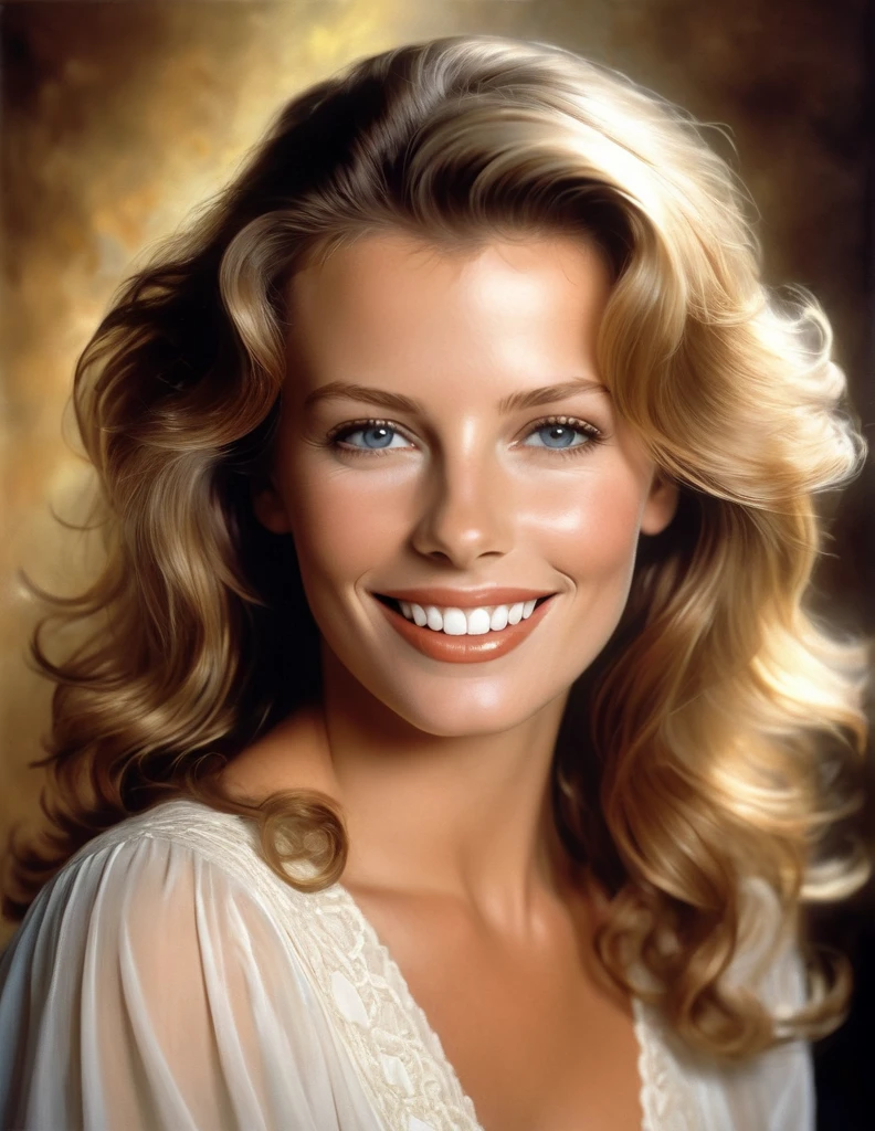 Portrait of a young Maude Adams in the style of Kim Basinger, smile radiating warmth, framed by lush brown hair, detailed light eyes, facial features prominent, stark white teeth offering contrast, airbrush technique emphasizing facial subtleties, in sharp focus yet with soft curves, interplay of light and shadow creating dramatic effect, ultra-realistic, high-resolution digital painting.