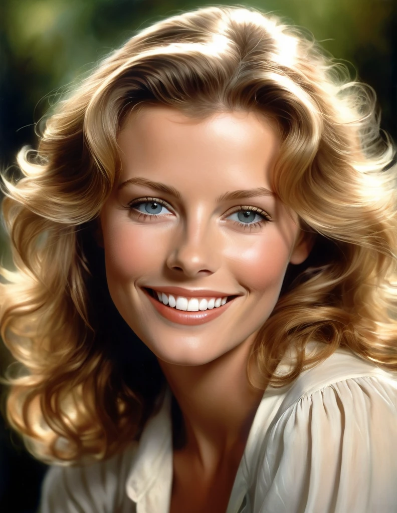 Portrait of a young Maude Adams in the style of Kim Basinger, smile radiating warmth, framed by lush brown hair, detailed light eyes, facial features prominent, stark white teeth offering contrast, airbrush technique emphasizing facial subtleties, in sharp focus yet with soft curves, interplay of light and shadow creating dramatic effect, ultra-realistic, high-resolution digital painting.