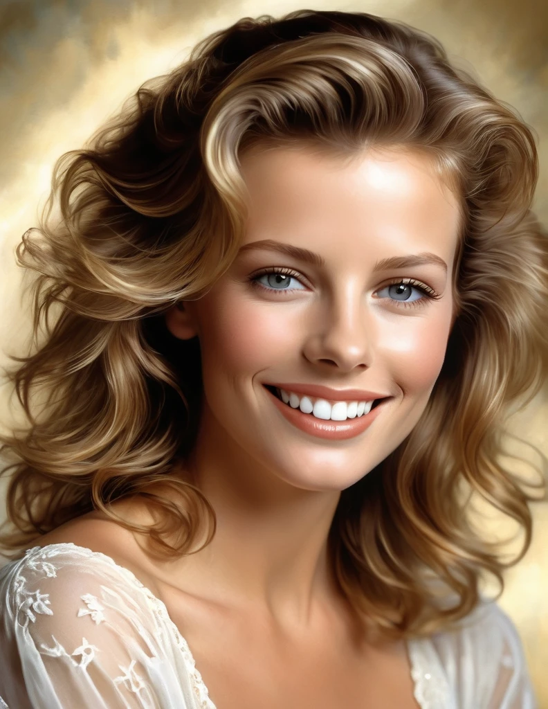 Portrait of a young Maude Adams in the style of Kim Basinger, smile radiating warmth, framed by lush brown hair, detailed light eyes, facial features prominent, stark white teeth offering contrast, airbrush technique emphasizing facial subtleties, in sharp focus yet with soft curves, interplay of light and shadow creating dramatic effect, ultra-realistic, high-resolution digital painting.