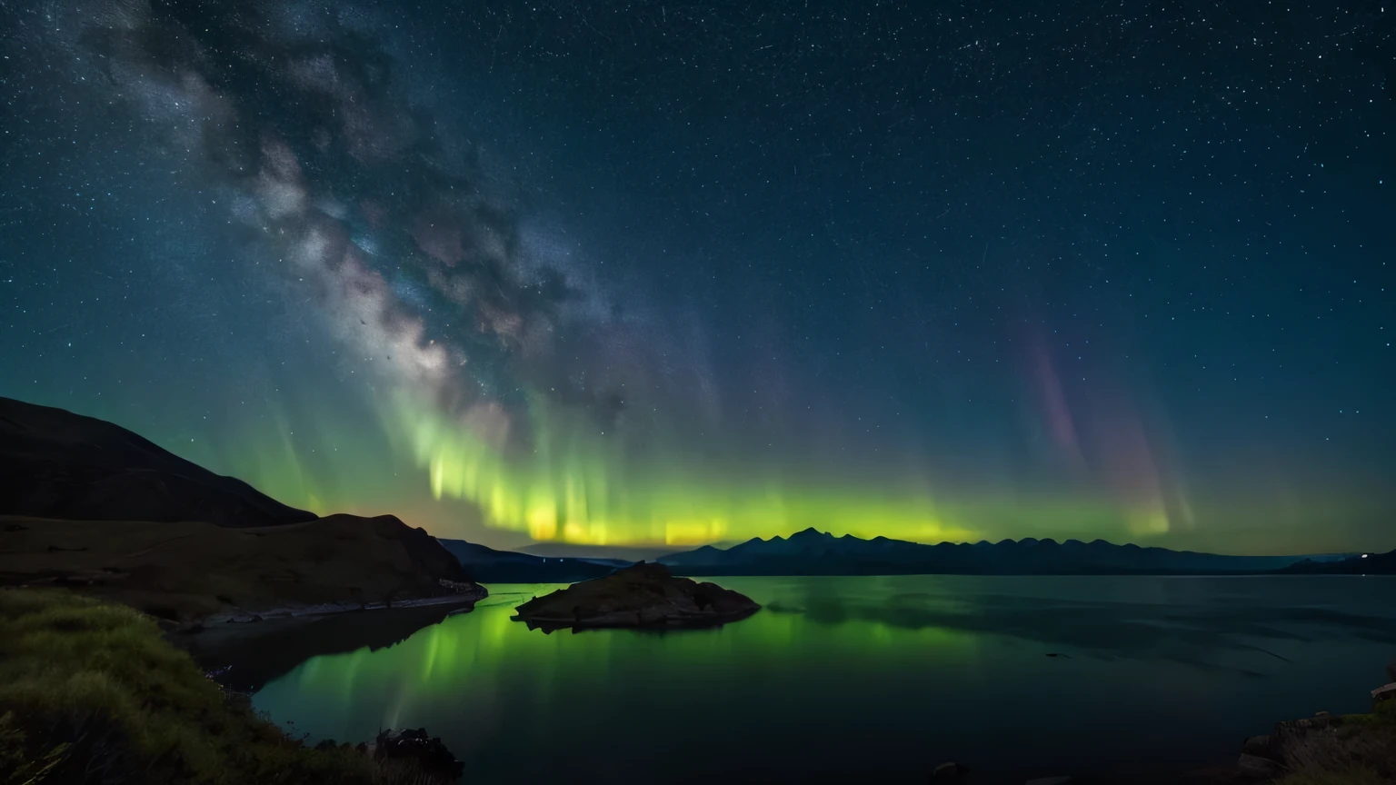 On a starry night, a lake spreads out in the front three-sevenths of the picture angle, a low mountain stretches horizontally behind it, orange streetlights line the opposite shore, a bright aurora spreads across the sky in the back three-sevenths of the picture angle, the lake reflects the light from the streetlights and aurora, and the mountain is in dark shadow. The mountains are dark and in shadow. Aurora shining in the sky, high quality animation, gradient color aurora, twinkling starry sky, fantastic landscape, healing effect, masterpiece, three-sevenths of the lake in the foreground, lights of street lamps and aurora reflected on the lake, fantastic world, aurora spread wide horizontally, no land in the foreground, water surface extends.