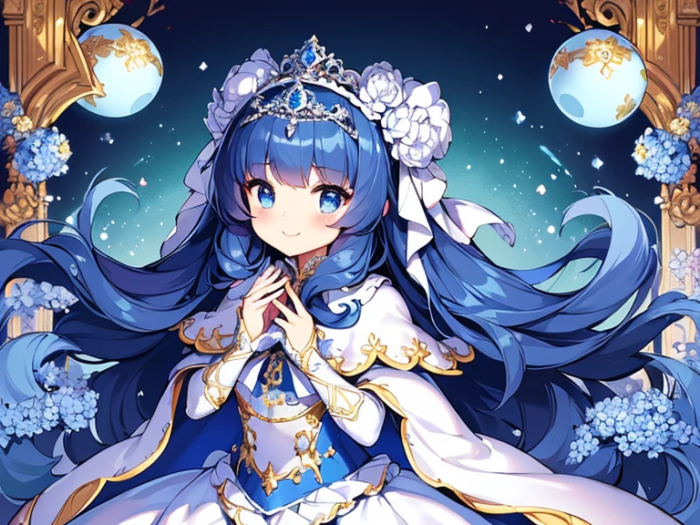 (kawaii),(masterpiece),(best quality),(ultra detailed), upper body, rococo style,(long train deep blue cape:1.1), very long cape,(long train white ball gown with flower decorations:1.05), a girl is wearing a cape over her gown, 1 little princess, tiara, smile, very long hair