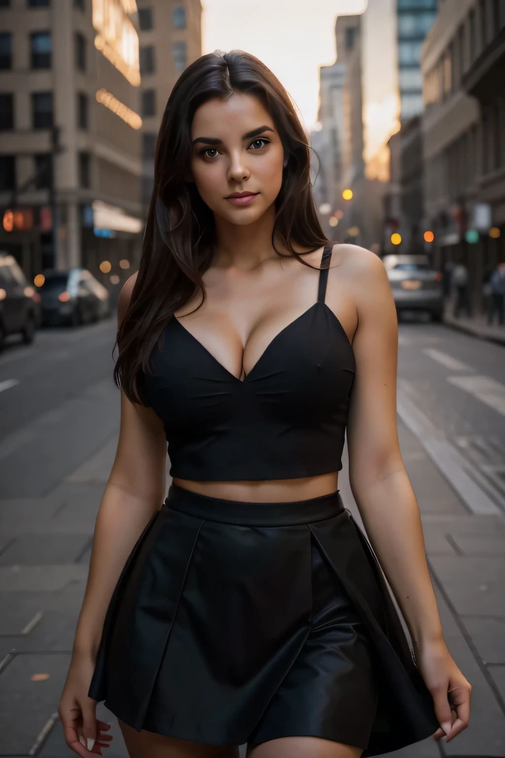 photography of a stunning girl, in the city, wearing a black skirt, enjoying, girl, summer, hot girl, (((medium bust))), brunette hair, long_hair, looks into the camera, symmetrical face, photorealistic, photography, spectacular lighting,, gorgeous, cleavage, western, (masterpice), best quality, high resolution, extremely detailed, skin with pores, blurred background, depth of field, cinematic lighting