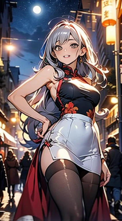 masterpiece, the best, night, full moon, 1 adult woman, Chinese Architecture, cheongsam, China costume, Royal sister, cold face, Poker face, woman with long silver hair, light pink lips, fishnet stockings, calm, intellectuals, Three bangs, gray pupil, street view, facial details,