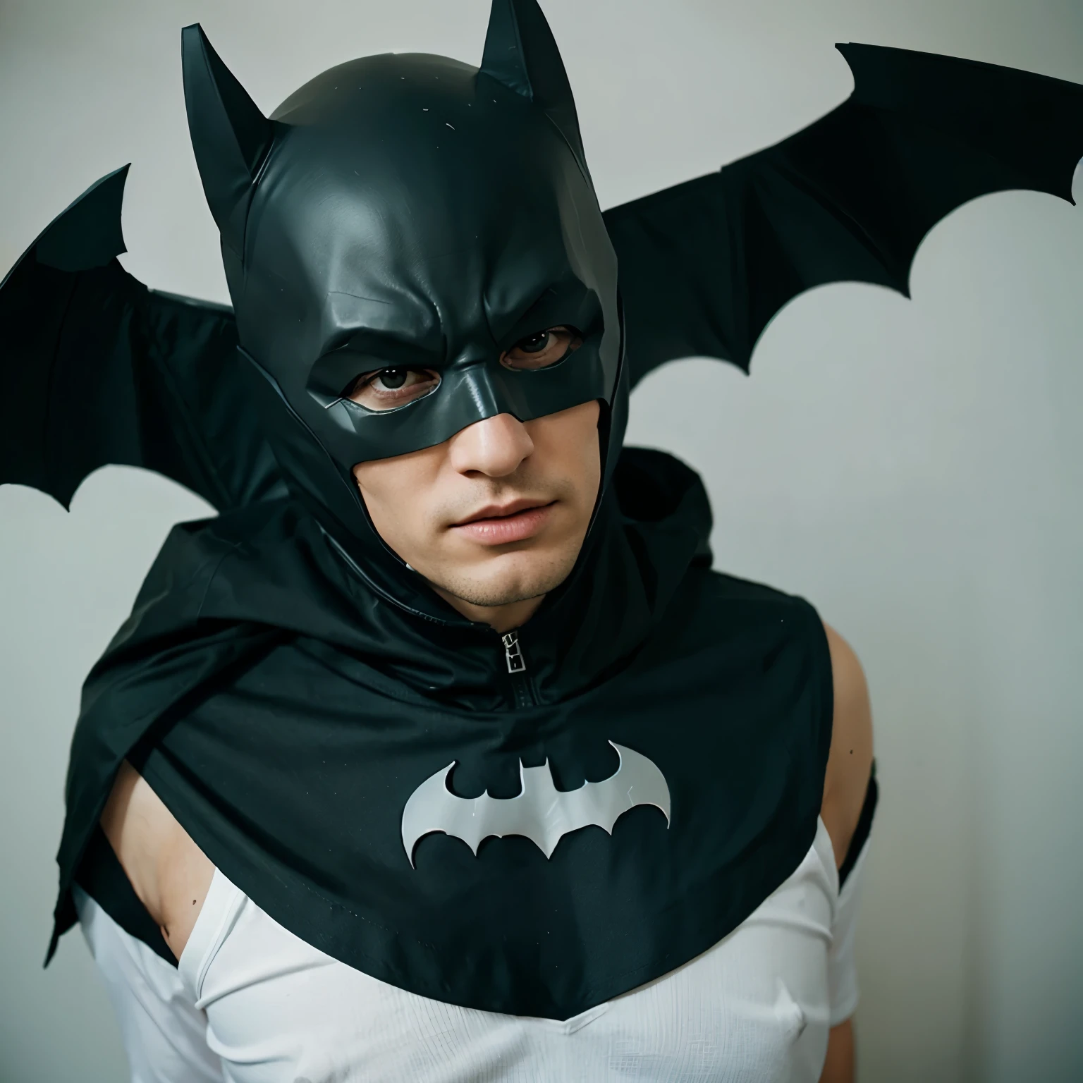 Human pup puppy play lingerie man model with a cape and fetish gear. Superhero Batman pup hood pup mask. Twink femboy character man.