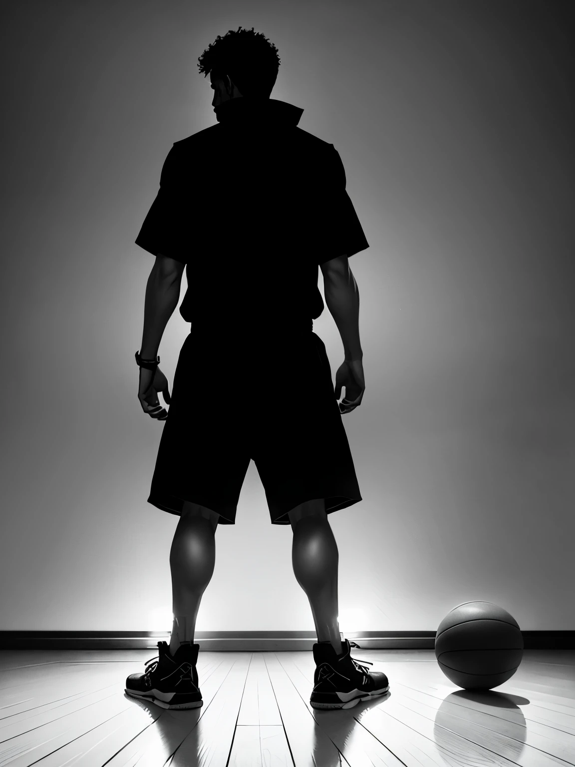 Make an illustration about novel cover
Title: HOOPS FIASCO

Description:
In the dim glow of a black and white basketball court, a lone figure stands full body a young man looking back, embracing a basketball on his right arm. while the abandoned basketball symbolizes the shattered dreams left in the wake of tragedy. As suspicion mounts and secrets unravel, "HOOPS FIASCO" unveils a gripping tale of betrayal and deception, where nothing is as it seems and the line between innocence and guilt blurs. The background is basketball court

Black and white