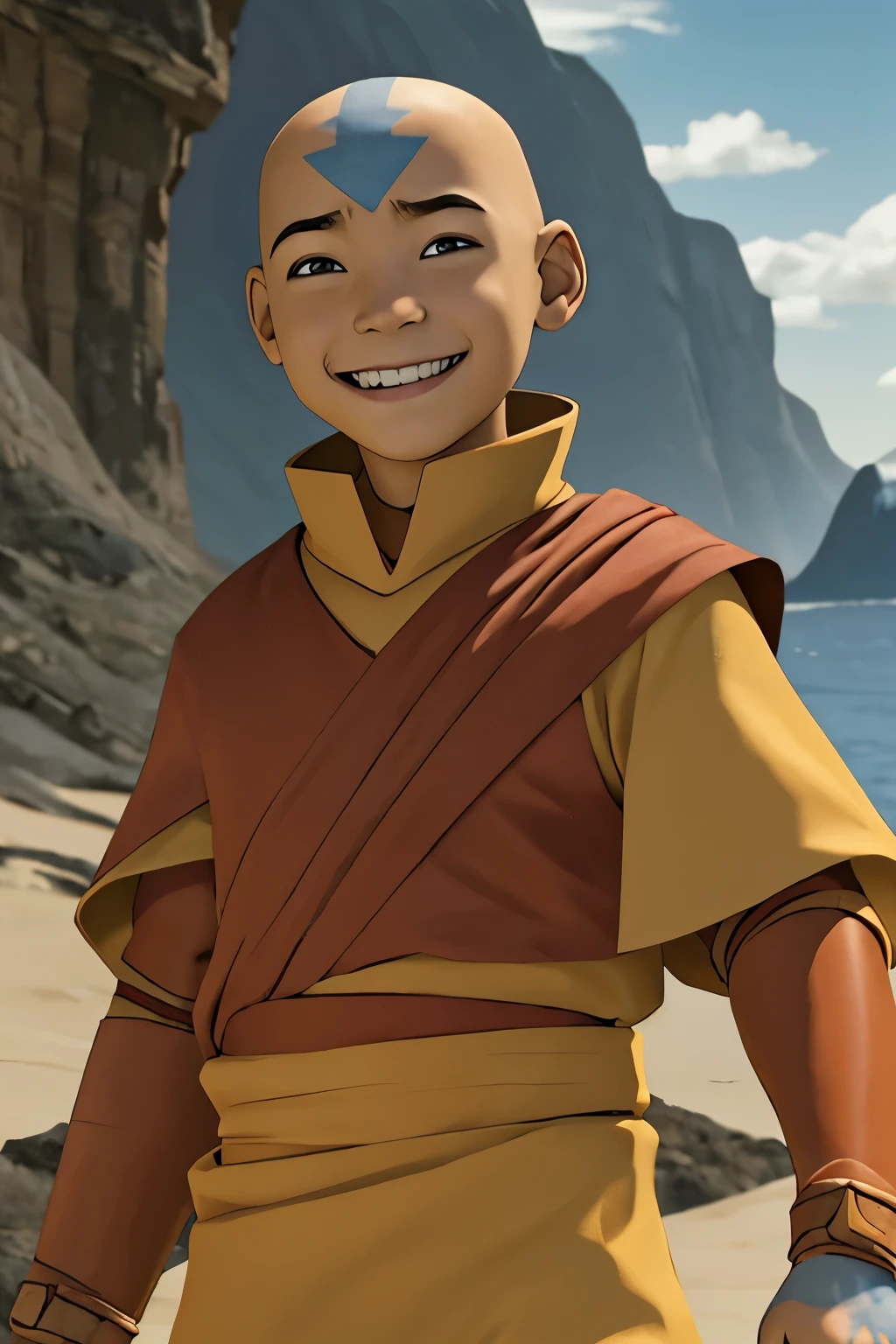 (best quality,highres,masterpiece:1.2),1boy,alone,focused on the male character,looking at the viewer,realistic,Aang character from Avatar: The Last Airbender,bald,black eyes,Smiling , Focus on the face 