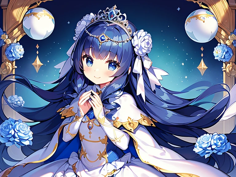 (kawaii),(masterpiece),(best quality),(ultra detailed), upper body, rococo style,(long train deep blue cape:1.1), very long cape,(long train white ball gown with flower decorations:1.05), a girl is wearing a cape over her gown, 1 little princess, tiara, smile, very long hair