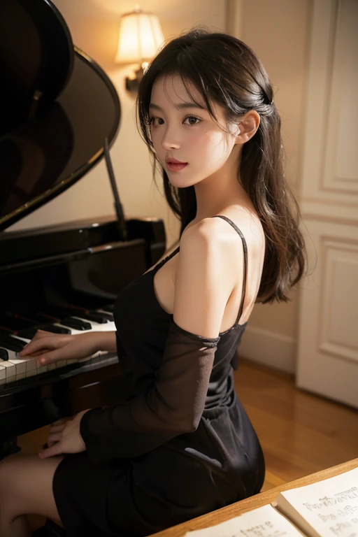 (1 girl)、best quality、masterpiece、ultra high resolution、(Photo realism:1.4)、original photo,there is a woman that is playing a pianoin a room, playing piano, piano家, pianoin the background, (客廳內1 girl面向黑色的piano、Straight, black hair、Delicate hair details)、(客廳內一部黑色piano、Girl fingers on piano keys、Delicate finger details)shadow、octane rendering、8K、Super sharp、(breast、long sleeve、White tulle、portrait、silk pajamas、Delicate silk details)、(Girl playing piano fingers、Very fine finger details) , beautiful woman, Perfectly detailed, mesmerizing and seductive, real pianos, piano, full piano, Beautiful asian girl, Serenity and elegance, Excellent composition, 