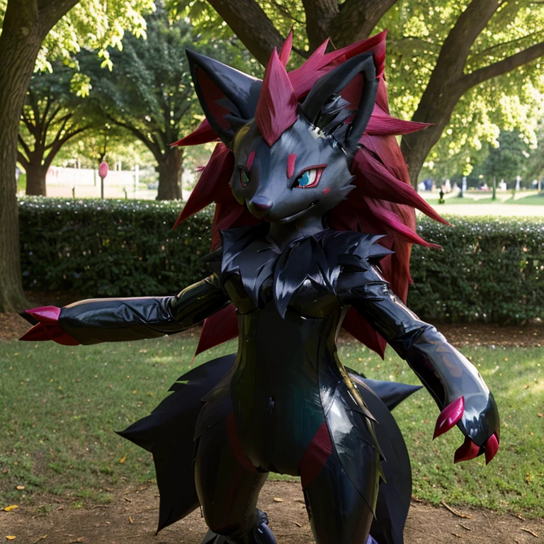 ultra detailed), a beautiful and detailed full body photo of a very realistic kawaii Zoroark fursuit. The Zoroark fursuit is made of glossy latex that gives it a shiny appearance, perfectly complementing the adorable smile on its face. The photo is taken outdoors by a park, where the cute Zoroark strikes a pose that captures its playful and joyful nature. The fursuit has large limbs, which are intricately crafted with an incredible attention to detail.