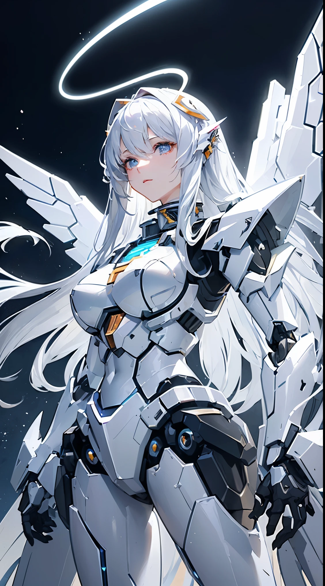 ((8K)), ((32k)), ((highest quality)), ((masterpiece)), ((超A high resolution)), ((T Masterpiece)), ((halo:1.3))、fine skin texture, fine cloth texture, fine metal texture、((beautiful and detailed face))、Raw photo、Professional, Ultra-fine painting, ((solo)), beautiful breasts、highest quality, Super detailed, Super detailed詳細, small details, very beautiful, Princess Knight Robot, (Joint of the machine, mechanical limbs:1.3), (The internal structure of the machine is exposed:1.3), (White long hair 1.1), (Beautiful and huge mechanical breasts)、white veil, cowboy_shot, side focus, headgear, shiny, ((Glowing machine eyes:1.8))、 (five fingers, 4 fingers and 1 thumb),concept art, anime fantasy artwork, detailed fantasy art, (Has silvery white hair and large white wings,), (((long hair))), (Mecha:1.6)、Sleek and menacing design, ((Armament of the Supreme Commander-in-Chief)), (perfect robot body)、Pure white and blue-purple armor, symmetrical wings, 8K high quality detailed art, 3D rendering of character art in 8K, clear legs, defined, defined fingers, NSFW、((head shot:1.3))