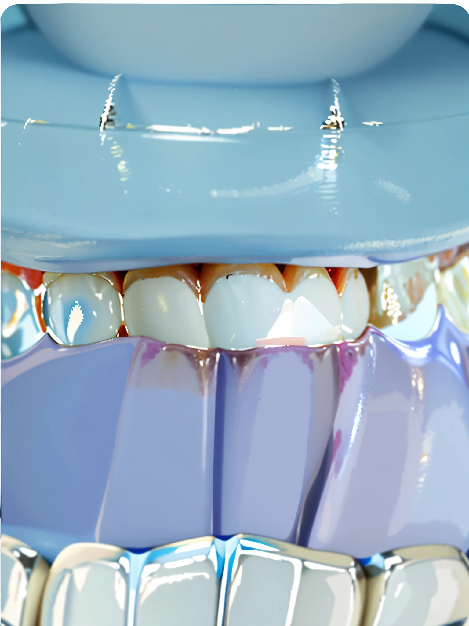 A toothbrush is cleaning teeth，There is a hole in the jaw, Crossbite, Show teeth, Pronounced teeth, High detail illustration, Illustrations with clear details, drooling Show teeth, Illustration detailed, Detailed description, rendering illustration, Very detailed rear mouth, Gritting teeth, big teeth, Oral acid overflow, decay teeth, Uniform teeth，Intraoral view