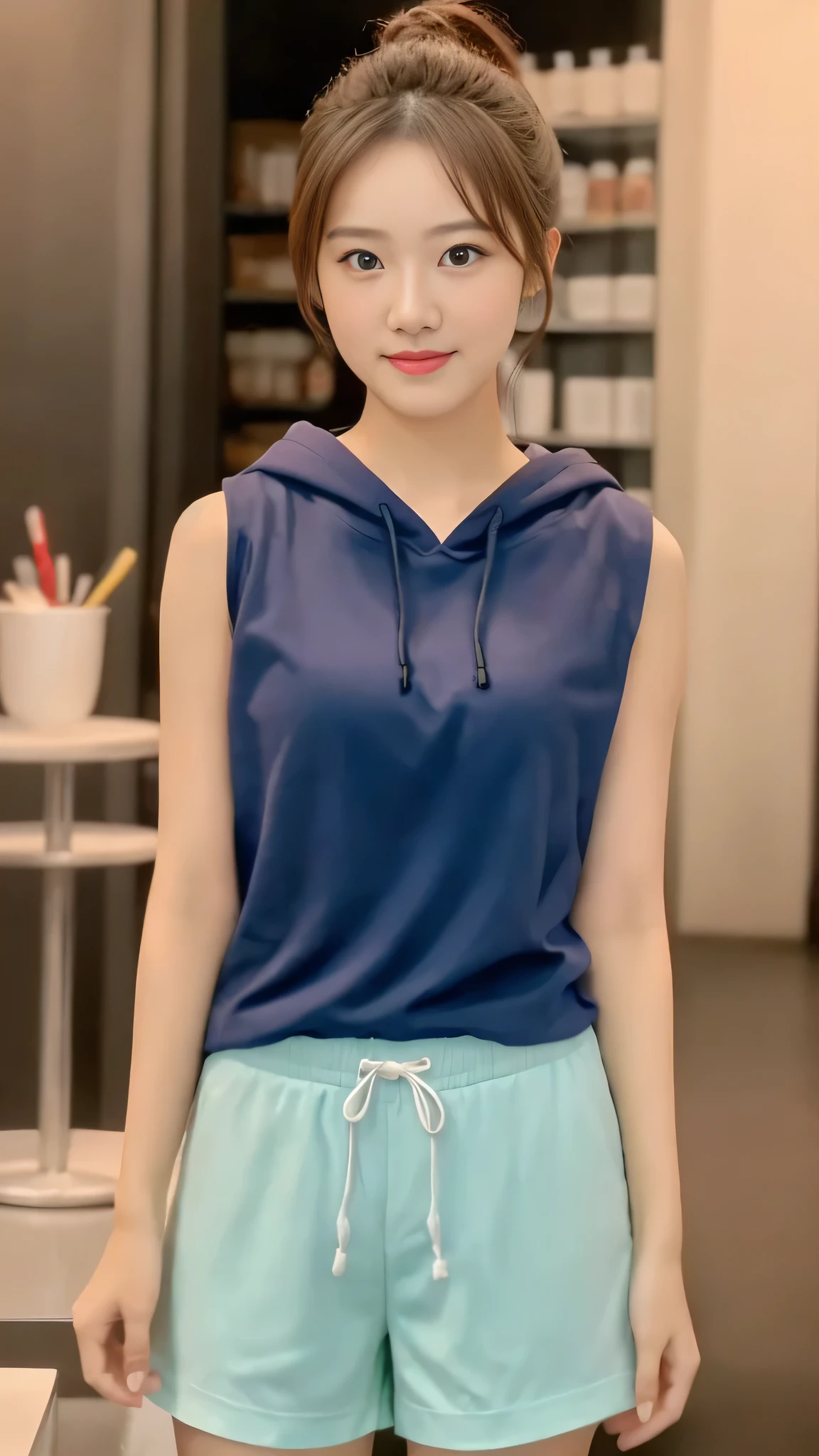 (8K, original photo, best quality, masterpiece), (actual, photo-actual:1.2), Super detailed, 1 girl, Lovely, alone, beautiful detailed sky, Detail of cafe, night, sitting, Dating, dose blush, Keep your mouth shut, beautiful and delicate eyes, wearing a hoodie, dolphin shorts, medium build, flowing hair, long blue hair, girl, feminine, pink eyes, Ultra-fine details, Complex scenes, ambient light, soft light, elegant, symmetrical facial features, precise anatomy, anatomically correct girl, landscape, gossamer, ethereal, whole body, ponytail, Moderate, Moderate, Sensible, big breasts,