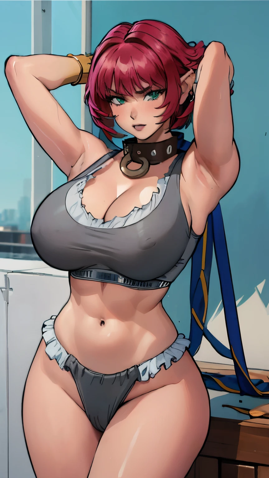 masterpiece, best quality, ultra-detailed, adult Cala 1girl, ass-focus, large breasts, arms behind head, underwear, panties, sports bra, black panties, clothes writing bracelet, collar, full body, surprised, worried, red hair, spiky hair, full body, looking at the viewer, female focus, green eyes