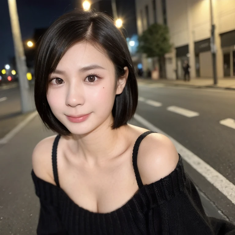 (kawaii 24 year-old Japanese girl, Nogizaka idol, Korean idol), (glossy black hair, pixie cut:1.3), (rounded face, single eyelid, no makeup, soft smiling:1.2), forehead, (wearing off-shoulder knitted onepiece sweater:1.3), (well shaped extra small breasts), (looking at viewer:1.2), BREAK, (at night street in downtown background:1.3), (dynamic angle, face focus:1.3), BREAK, (masterpiece, best quality, photo realistic, official art:1.4), (UHD, 8K quality wallpaper, high resolution, raw photo, film grain:1.2), (shiny skin), professional lighting, physically based rendering, award winning, (perfect anatomy, highly detailed skin textures, extremely detailed face and eyes, well drawn glittering pupils), Carl Zeiss 85 mm F/1.4, depth of field, 1girl, solo,