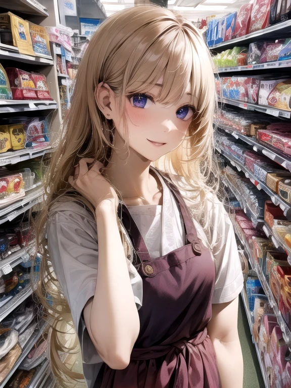 (highest quality:1.2), (beautiful:1.2),(fine eyes and skin), (detailed facial features), nffsw, perfect style, beautiful顔, anatomically correct, Highly detailed face and skin texture, Glossy skin, naked apron、convenience store clerk、embarrassing、blush、from below