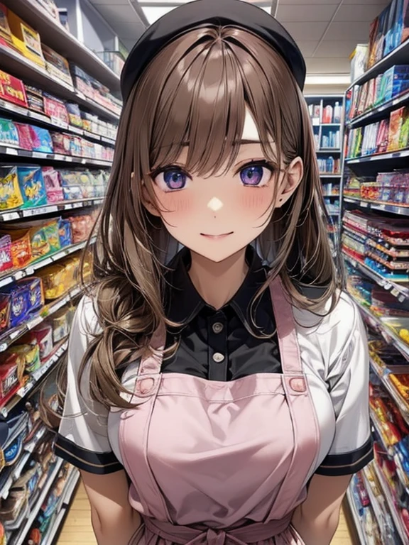 (highest quality:1.2), (beautiful:1.2),(fine eyes and skin), (detailed facial features), nffsw, perfect style, beautiful顔, anatomically correct, Highly detailed face and skin texture, Glossy skin, naked apron、convenience store clerk、embarrassing、blush、from below