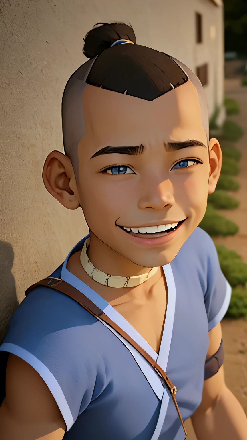 obra de arte, Melhor qualidade, Papel de parede, 1 menino, Sozinho, foco masculino, olhando para o espectador, realista, Sokka_avatar, Cabelo castanho, olhos azuis, cabelo curto, dieselpunk, high resolution, sorridente.