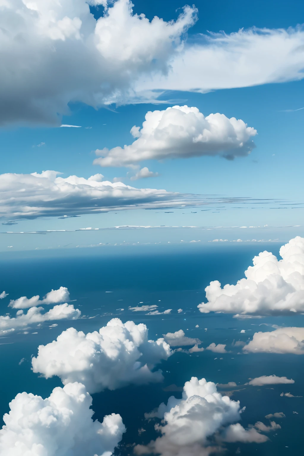 (best quality,4k,8k,highres,masterpiece:1.2),ultra-detailed,(realistic,photorealistic,photo-realistic:1.37),anime,blue sky,white clouds,abundant clouds,semi-realistic style,anime style,blue and white color scheme,fluffy clouds,aerial view,cloudy sky,peaceful atmosphere,lush green landscape,happy characters,juxtaposition of realism and anime elements